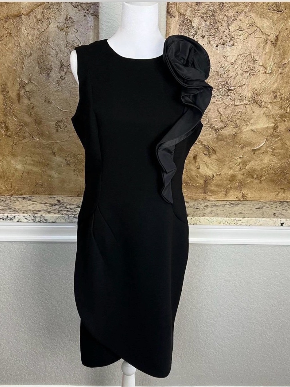 Rickie Freeman for Teri Jon Black Sleeveless Midi Dress with Ruffle Detail, sz 2